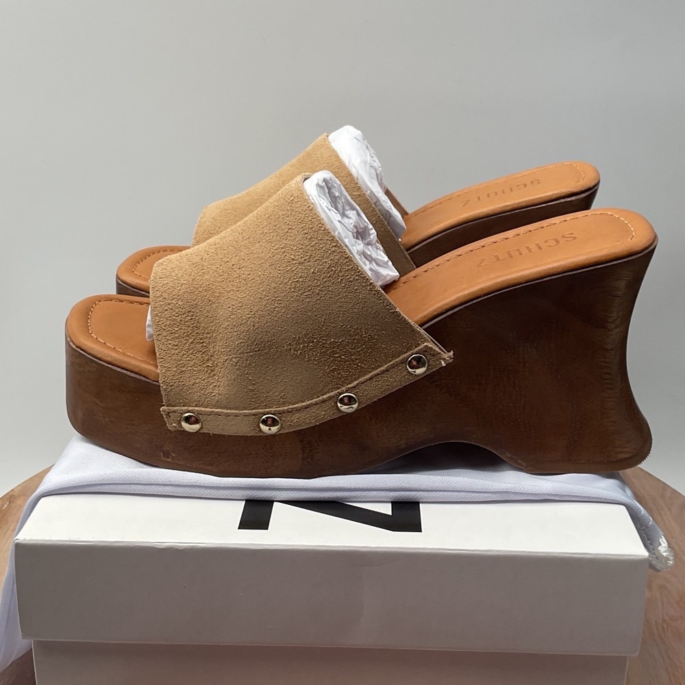 Schutz Tan Suede Studded Platform Wedge Sandals Wood Look Mules Square Toe